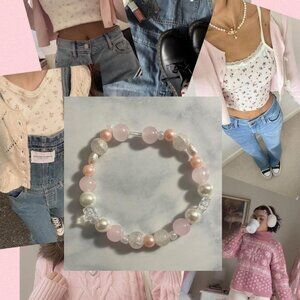 handmade pink and white bracelet with pearls, glass and acrylic beads
